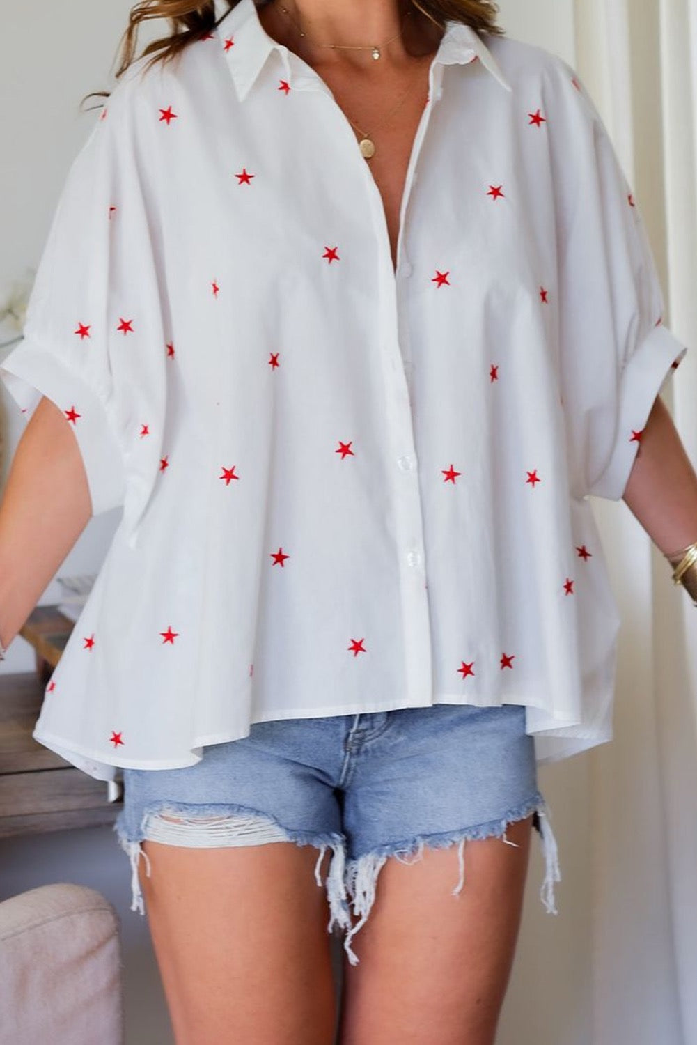 Half Sleeve, Red Stars Loose Fit Shirt