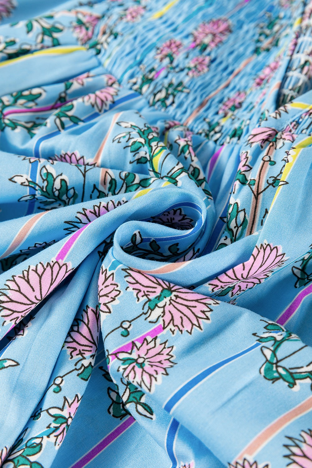 Sky Blue Floral Striped Print Shirred Yoke Split Neck Blouse