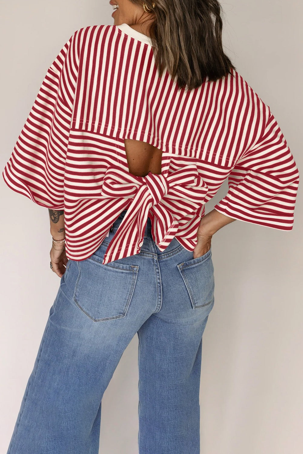 Red Stripe Bow Knot Back Top