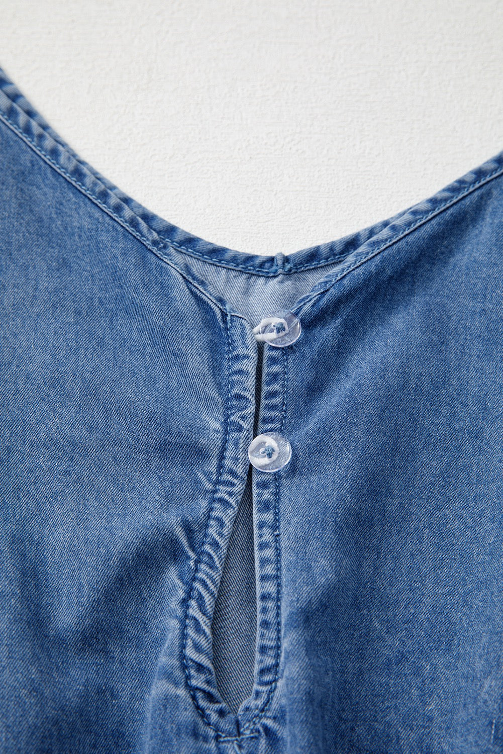 Ashleigh Blue Spaghetti Straps V Neck Belted Ruffled Leg Chambray Romper