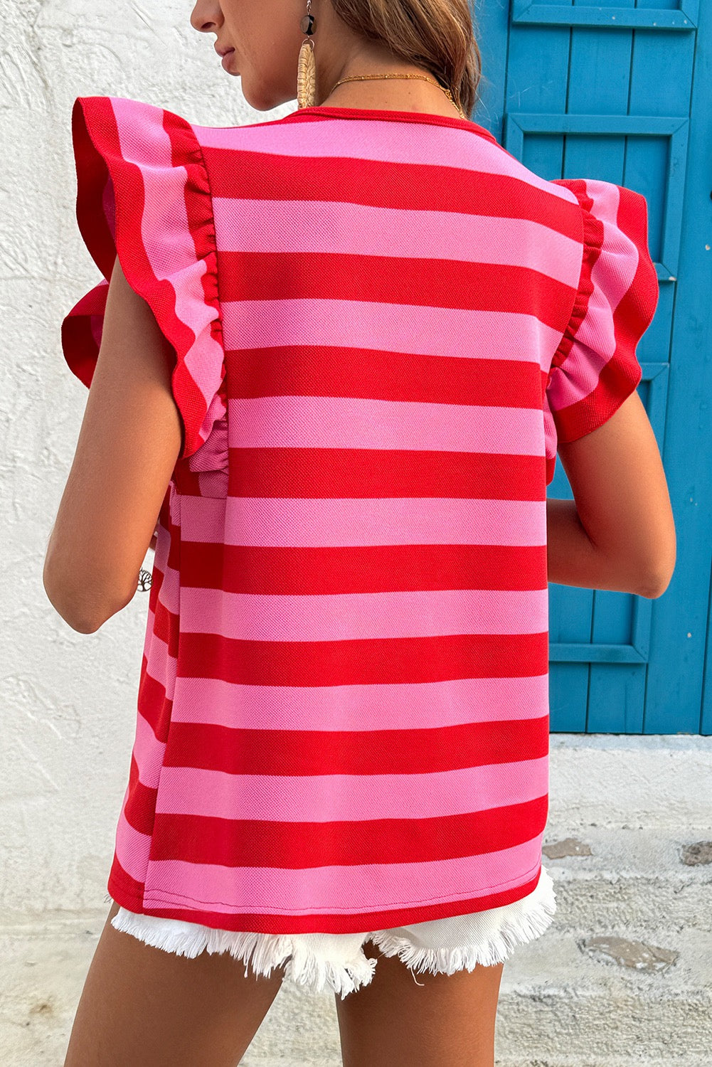 Red Stripe Flutter Sleeve Top