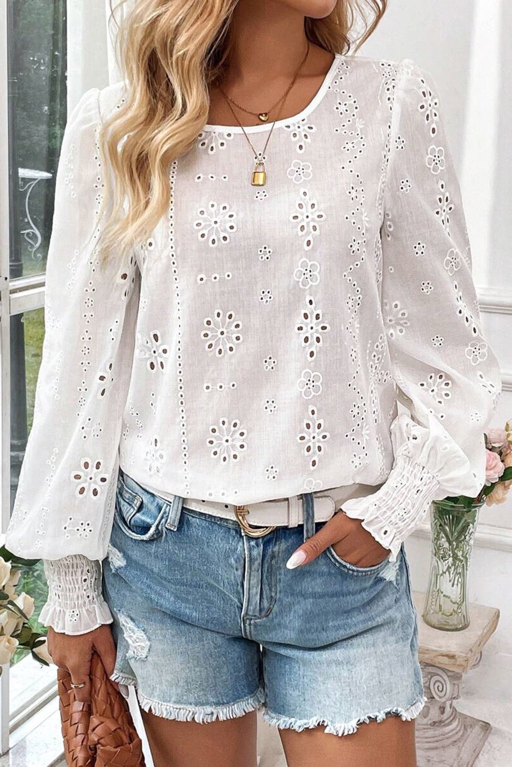 White Eyelet Embroidered Smocked Cuff Blouse