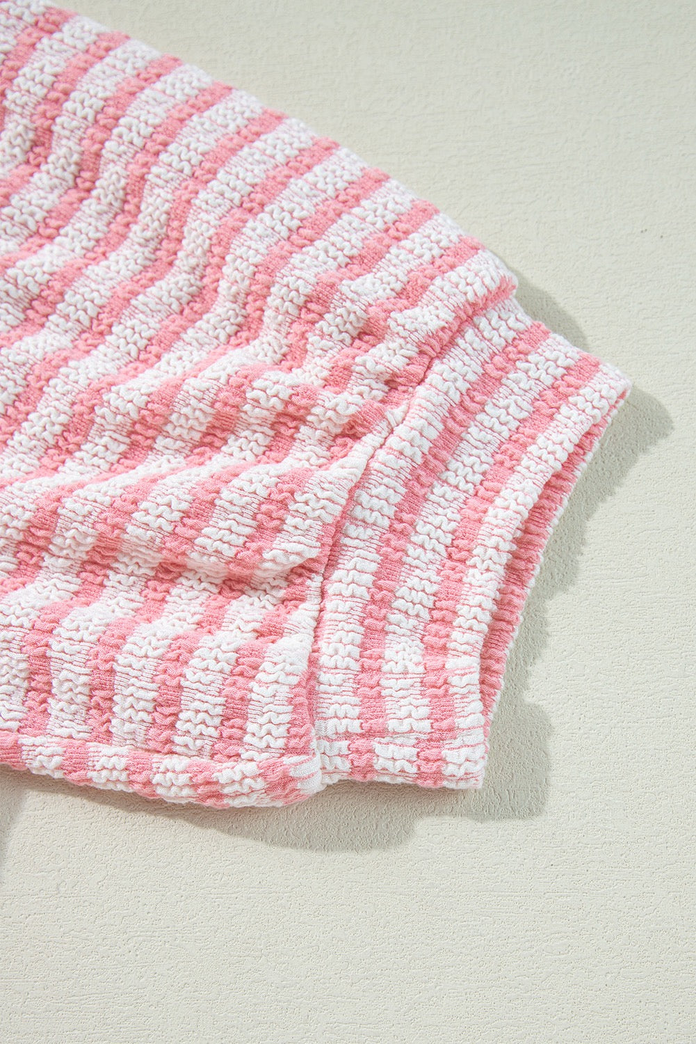 Pink Stripe Textured Puff Sleeve Crewneck Tee