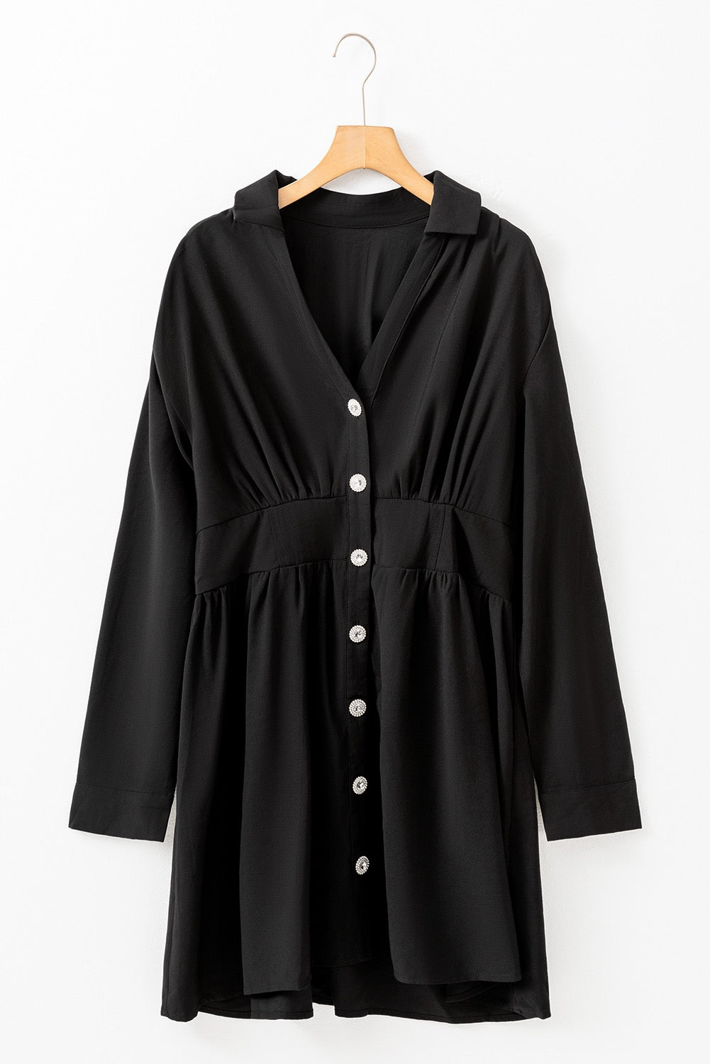 Black Cinched Waist Long Sleeve Shirt Dress