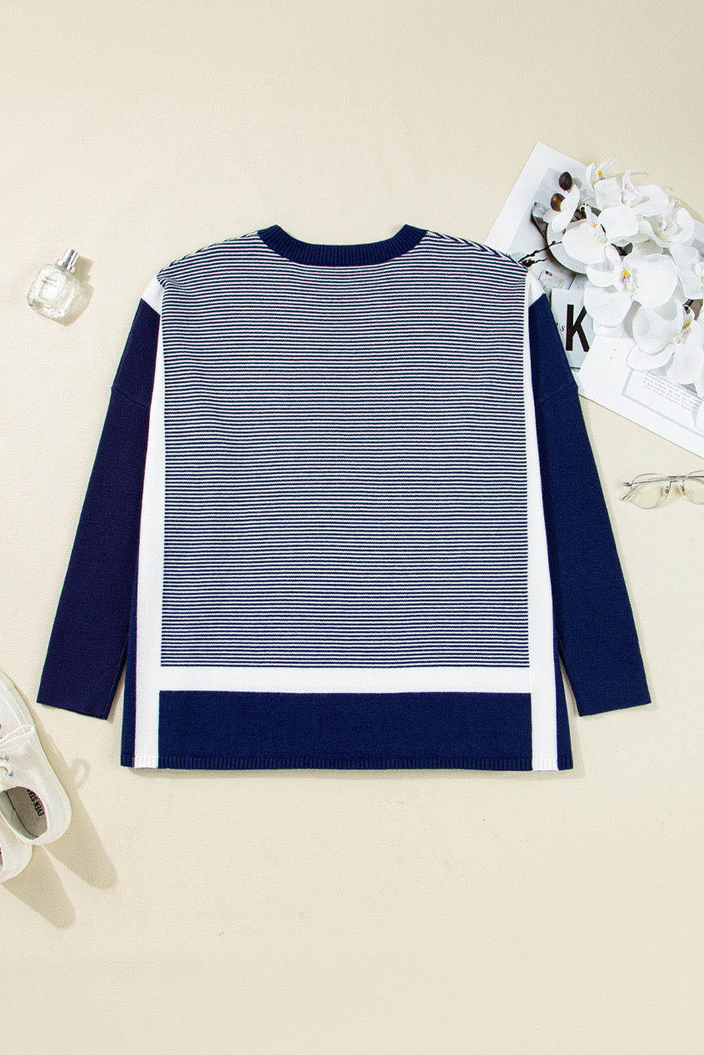 Blue Stripe Color Block Patchwork Dolman Oversize Tunic