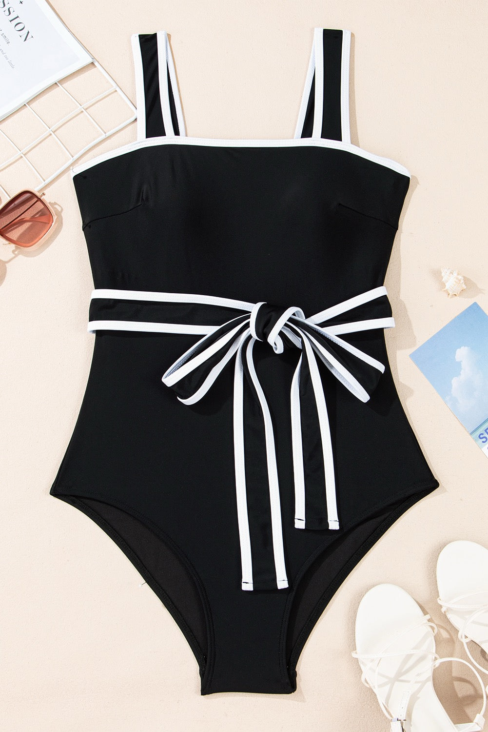 Black Contrast Belted One Piece