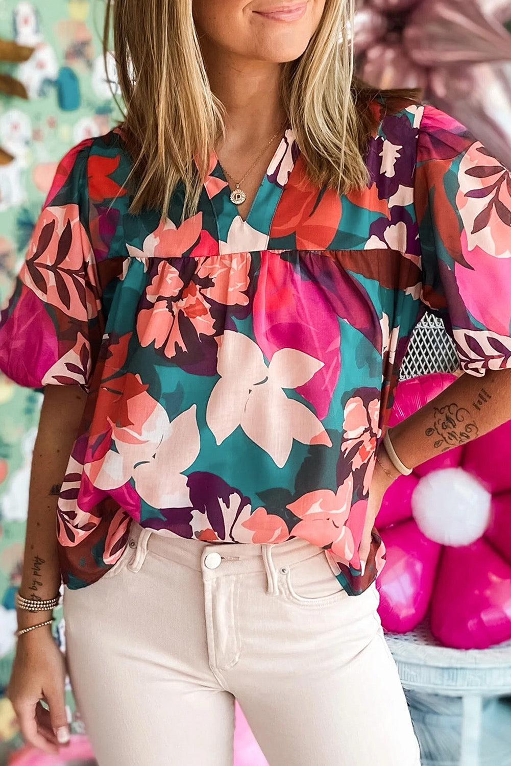 Red Floral Notched V Blouse