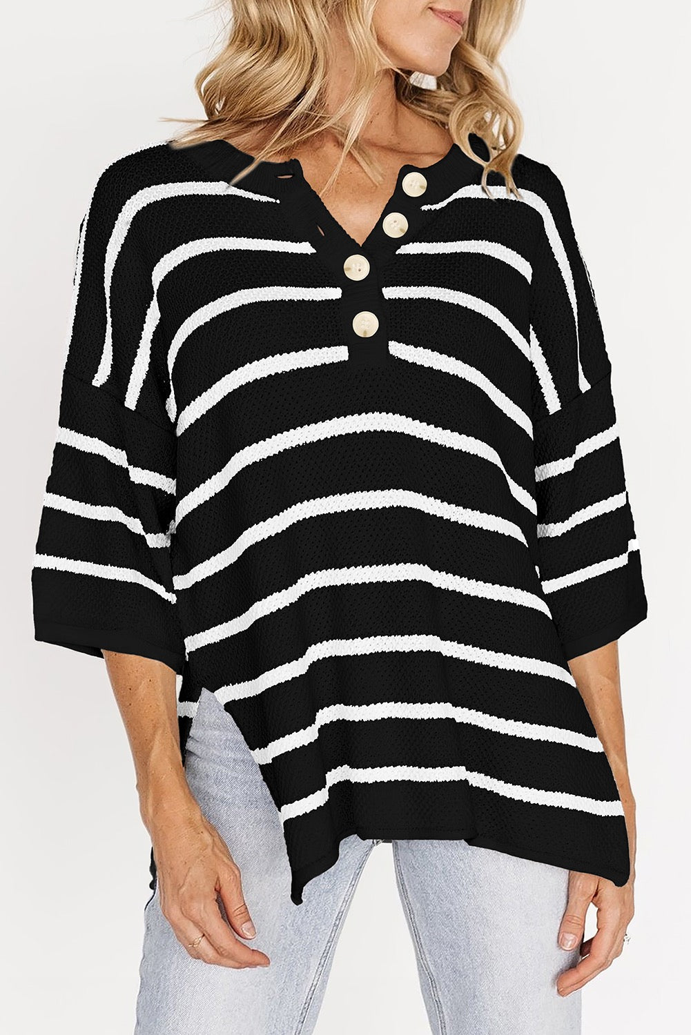 Black Stripe Henley Buttoned Placket Drop Shoulder Sweater Knit Tee