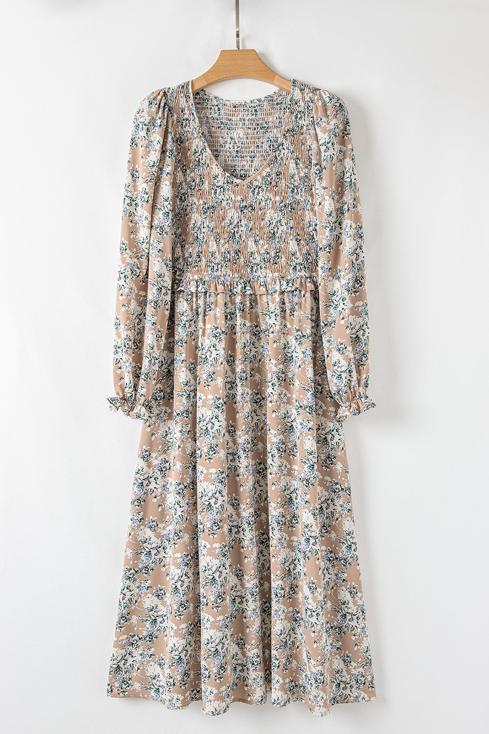 Khaki Maple Grove Floral Smocked Puff Sleeve Dress