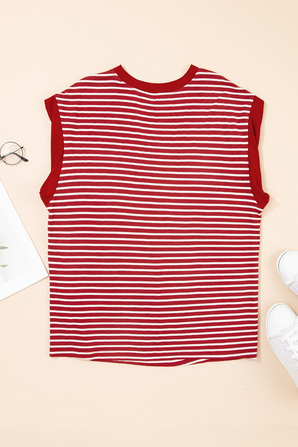 Red Stripe Chest Pocket Patch Round Neck Sleeveless Top