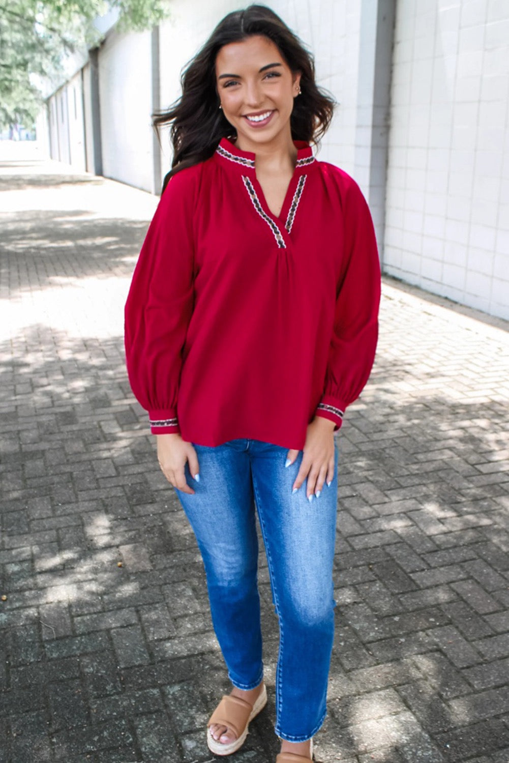 Red Leopard Jacquard Print V Neck Textured Blouse