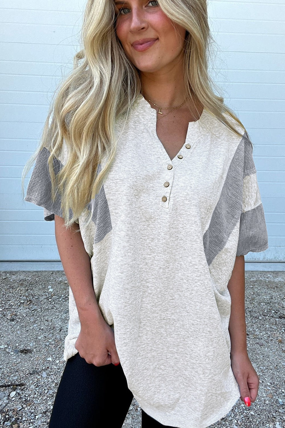 White Stripe Ribbed Trim Round Neck Bubble Sleeve Patched Buttoned V Neck Top