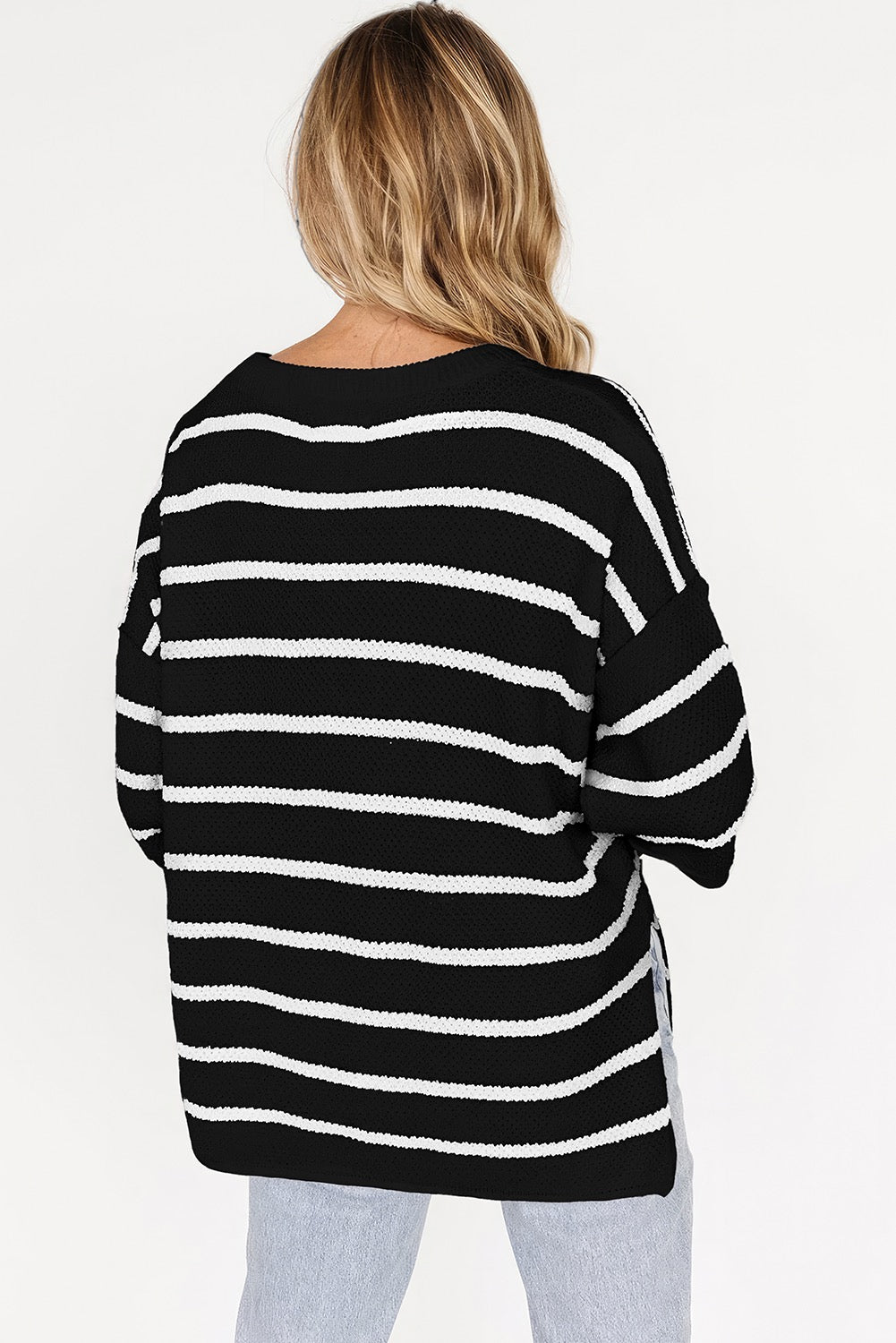Black Stripe Henley Buttoned Placket Drop Shoulder Sweater Knit Tee