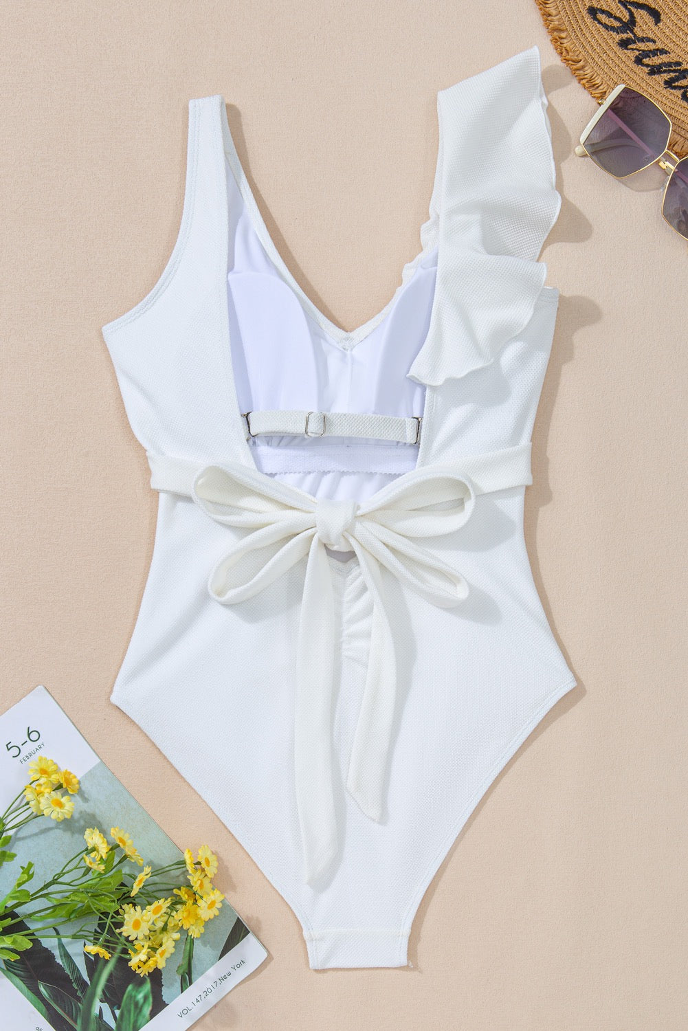 White Asymmetrical Ruffle Trim One Piece