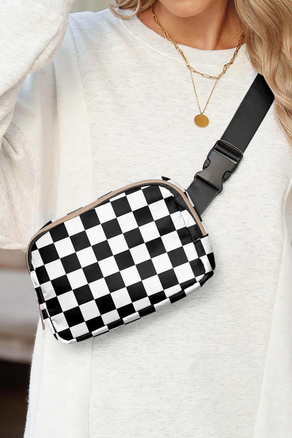 White Checkered Belt Crossbody Bag