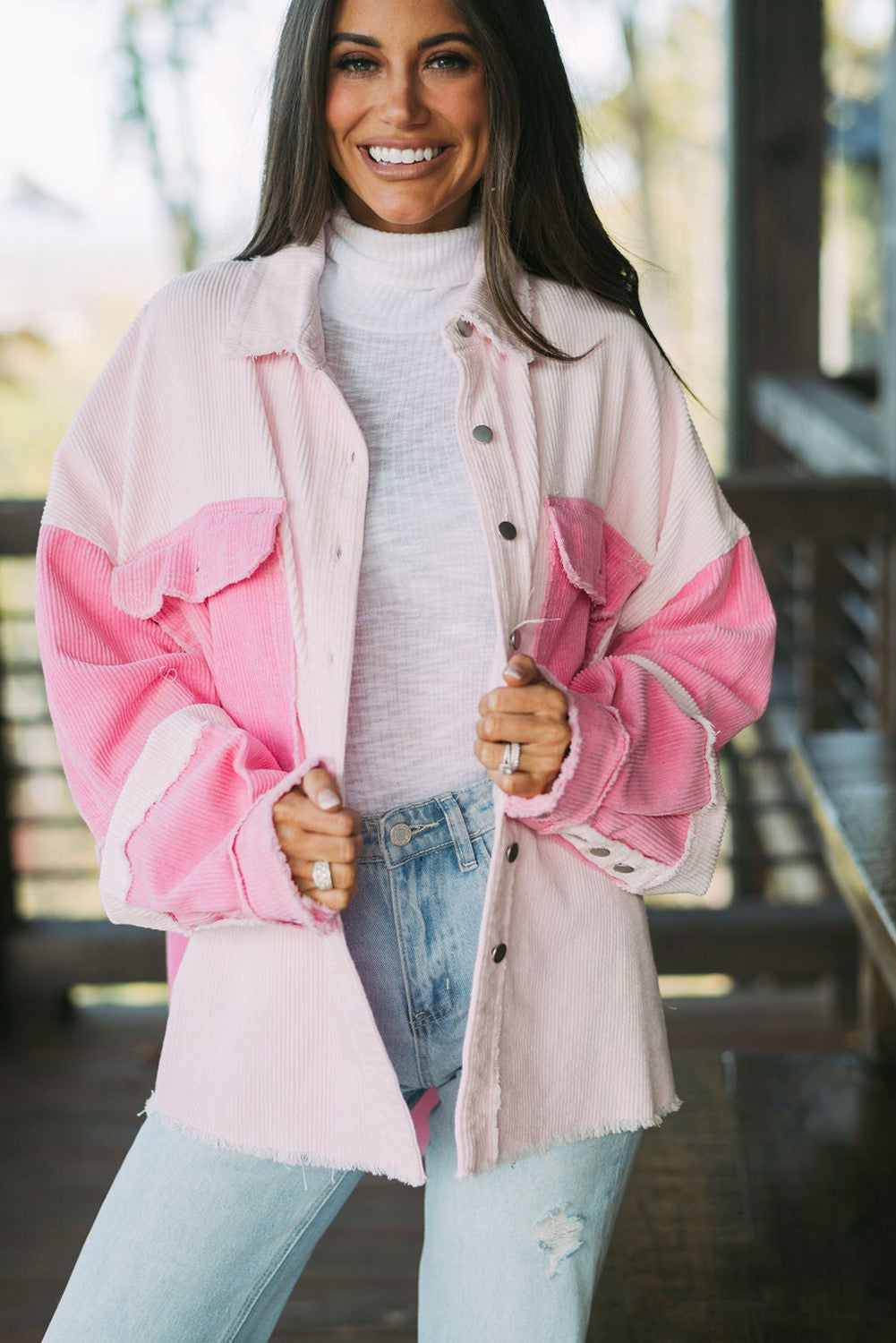 Two Tone Exposed Seam Corduroy Shacket