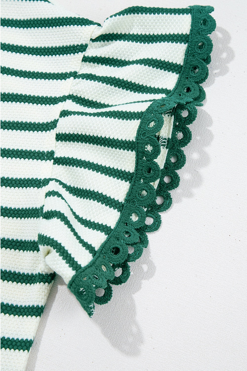 Green Stripe Scallop Lace Trim Ruffle Crewneck Top