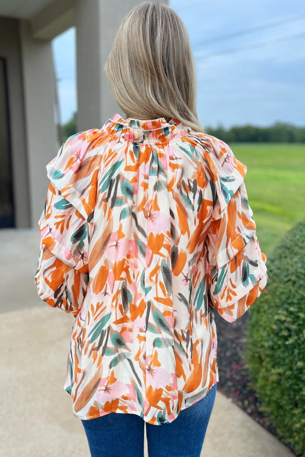 Frilled V Neck 3/4 Length Sleeve Blouse