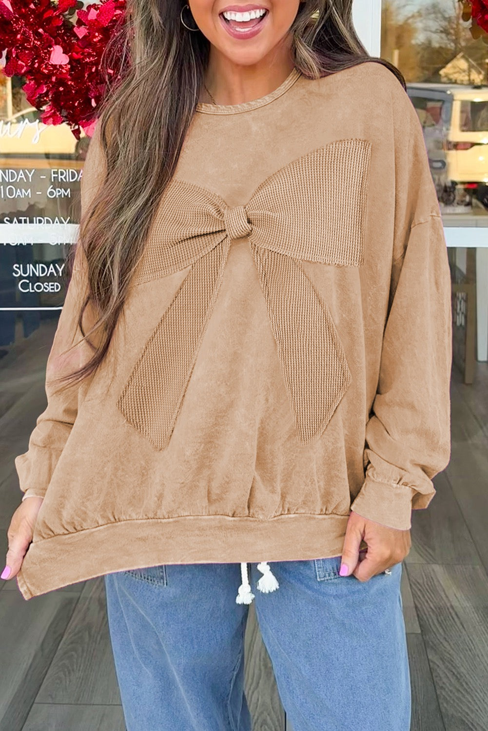 Beige Mineral Wash Big Bow Patchwork Pullover Sweatshirt