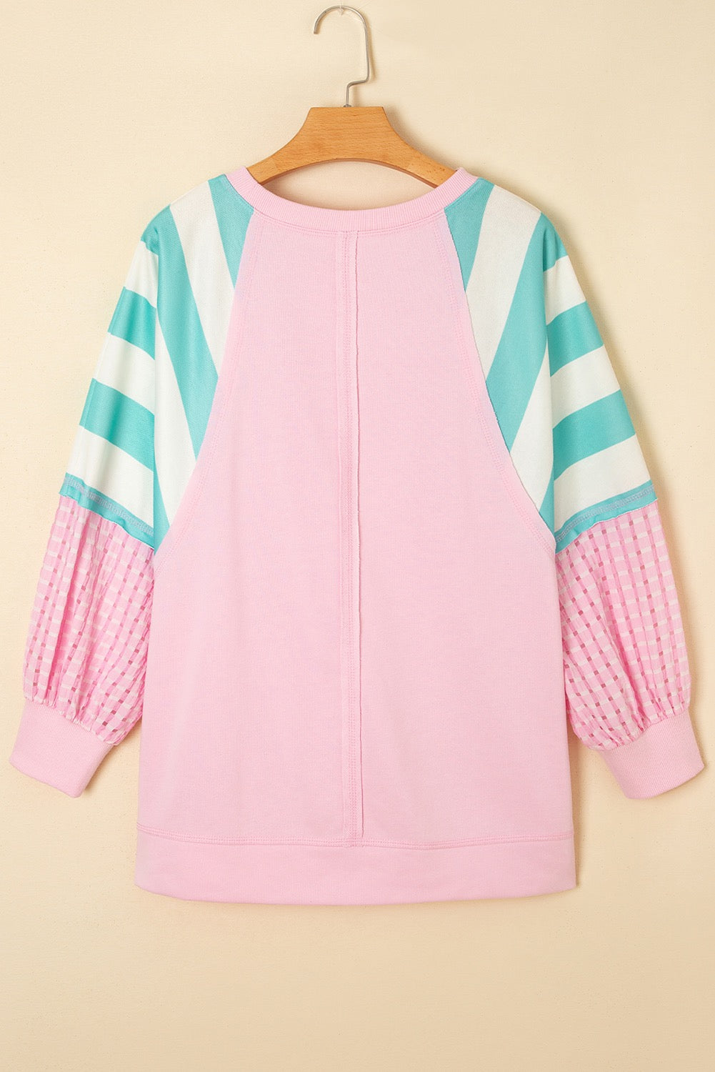 Pink Striped Patchwork Raglan Pullover Top with Slits