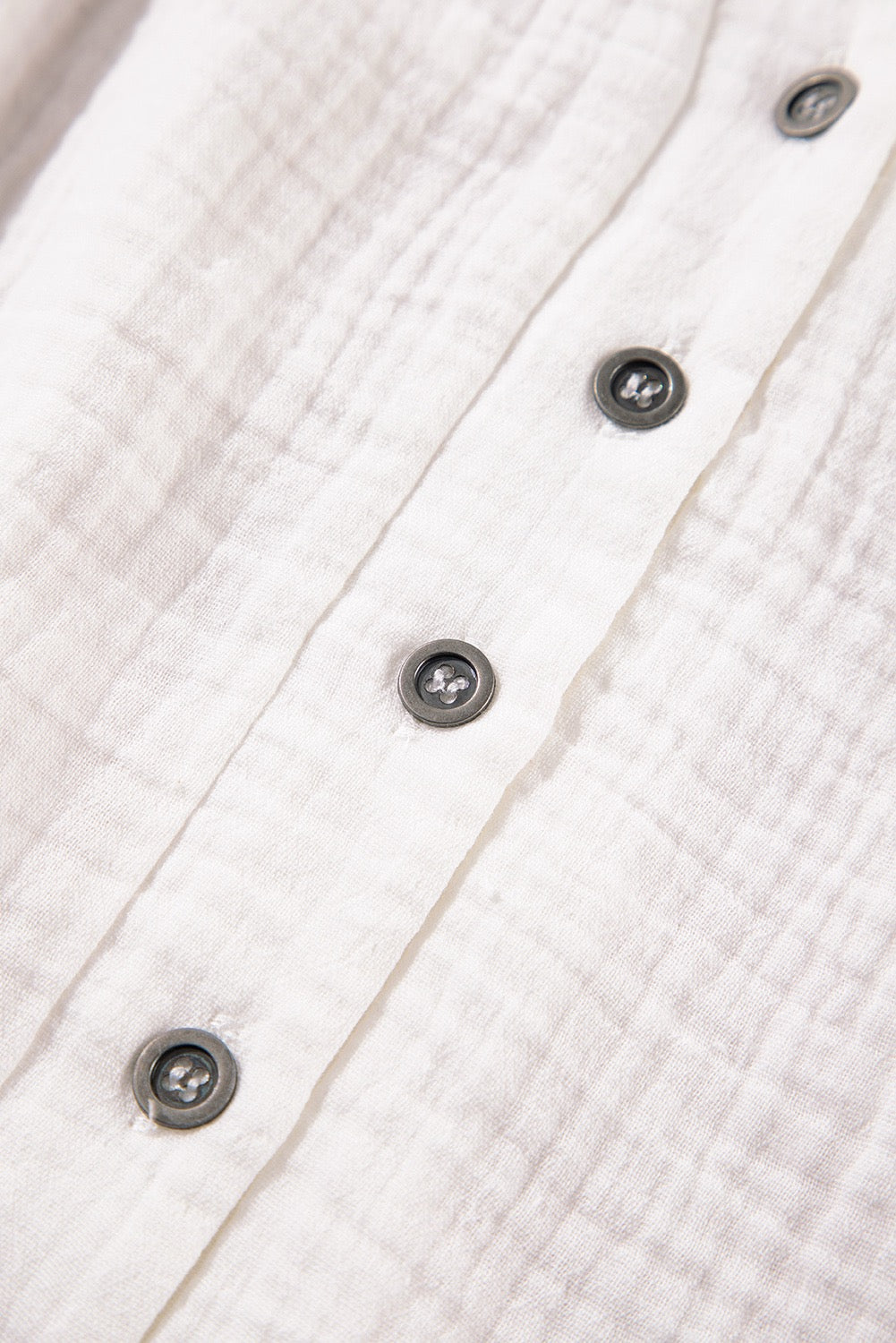 White Textured Short Sleeve Buttons Frayed Blouse, 100% Cotton