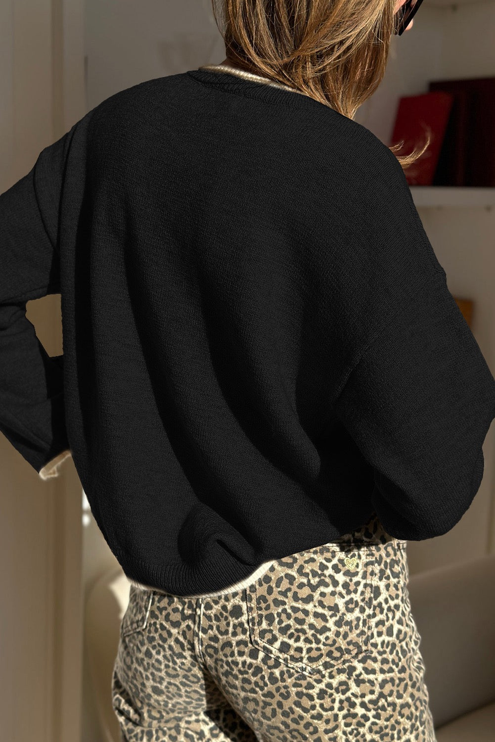 Black Leopard Bow Decor Split Cuff Contrast Trim Sweater