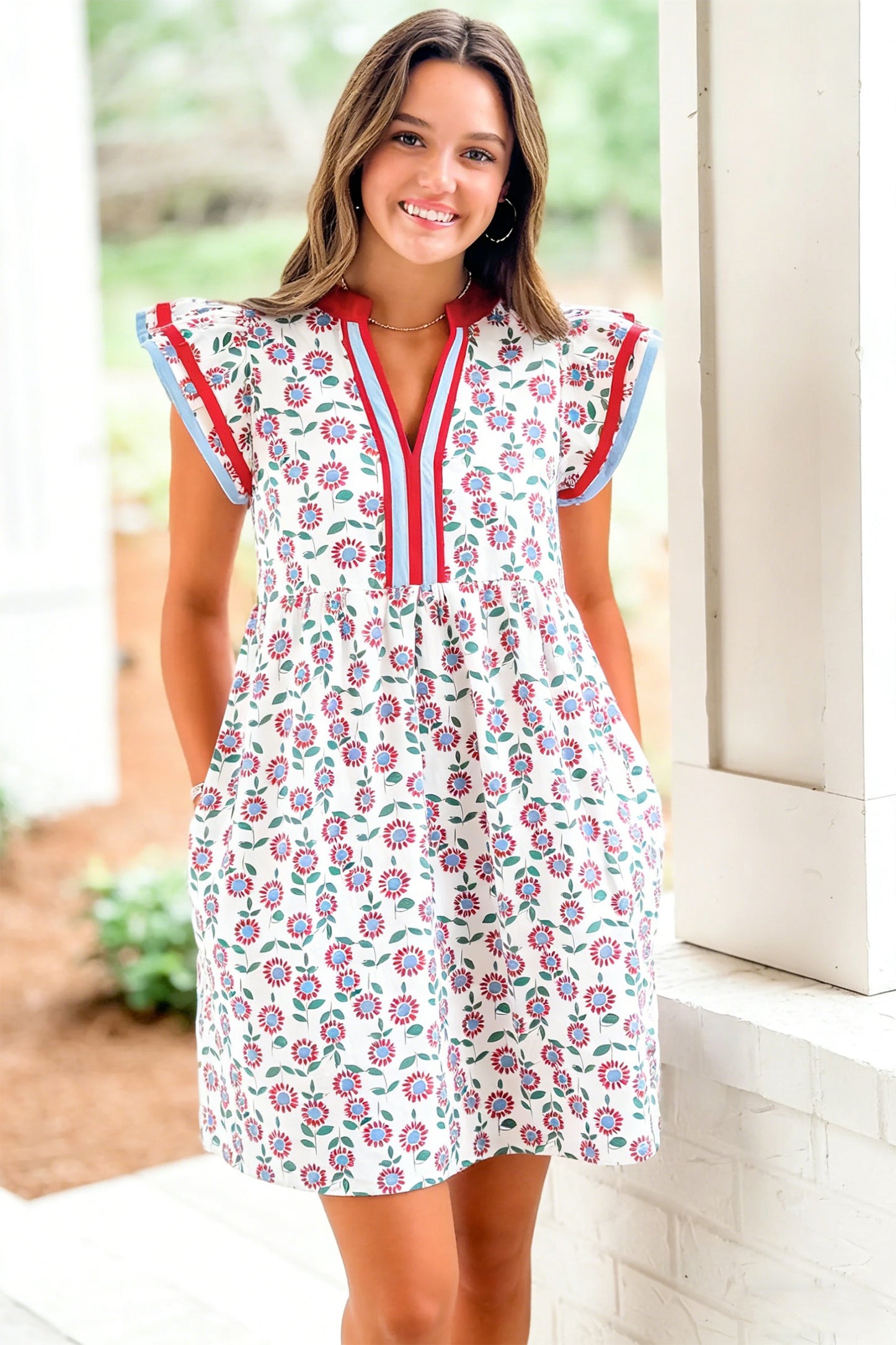 Red Floral Print Contrast Trim Dress