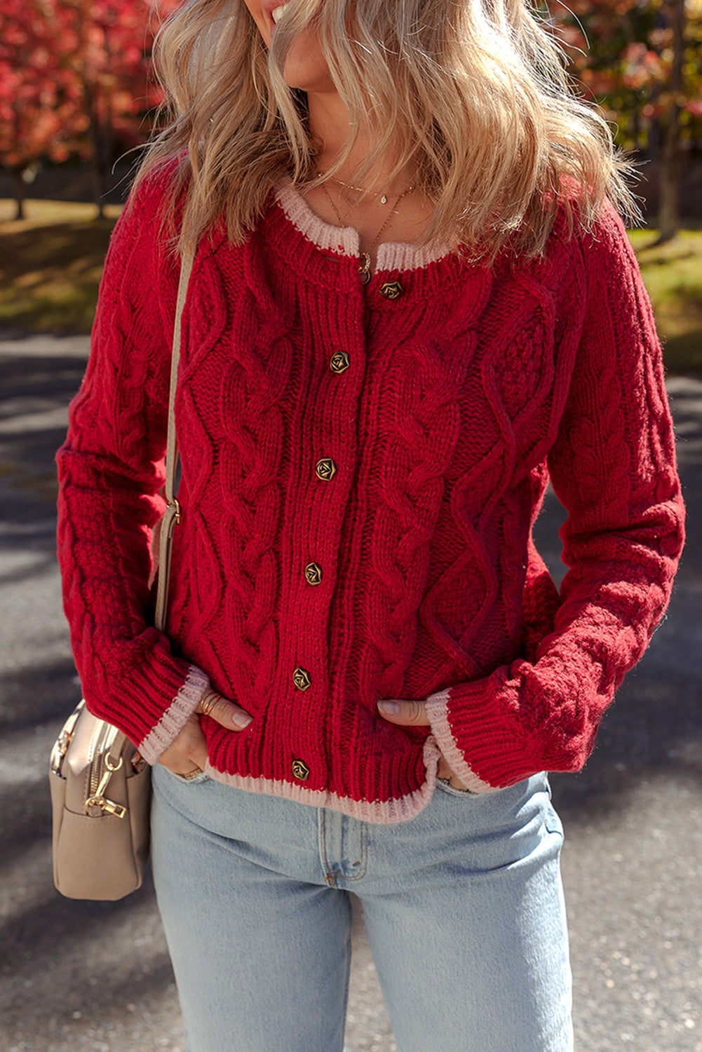 Red Color Contrast Edge Cable Knit Buttoned Cardigan