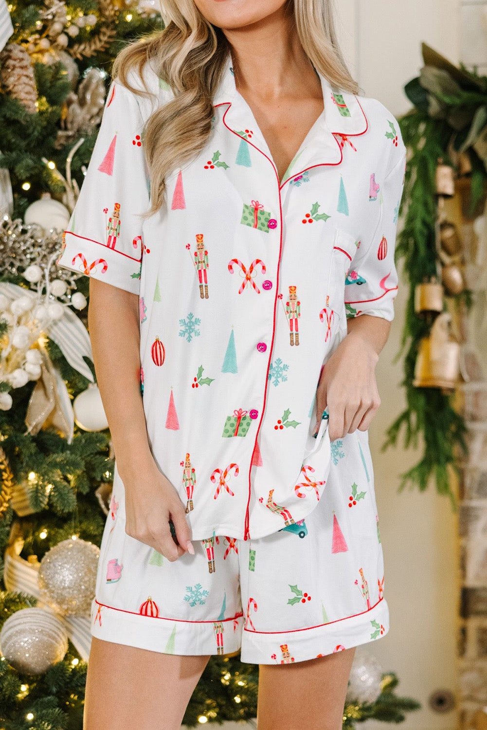 White Nutcracker Christmas Print Short Set