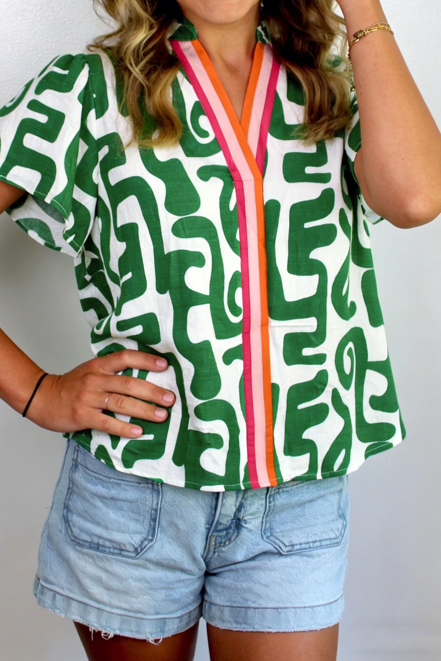 Short Sleeve Blouse Green Abstract Print Striped Trim V Neck Blouse