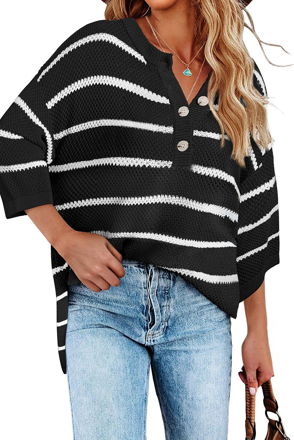 Black Stripe Henley Buttoned Placket Drop Shoulder Sweater Knit Tee