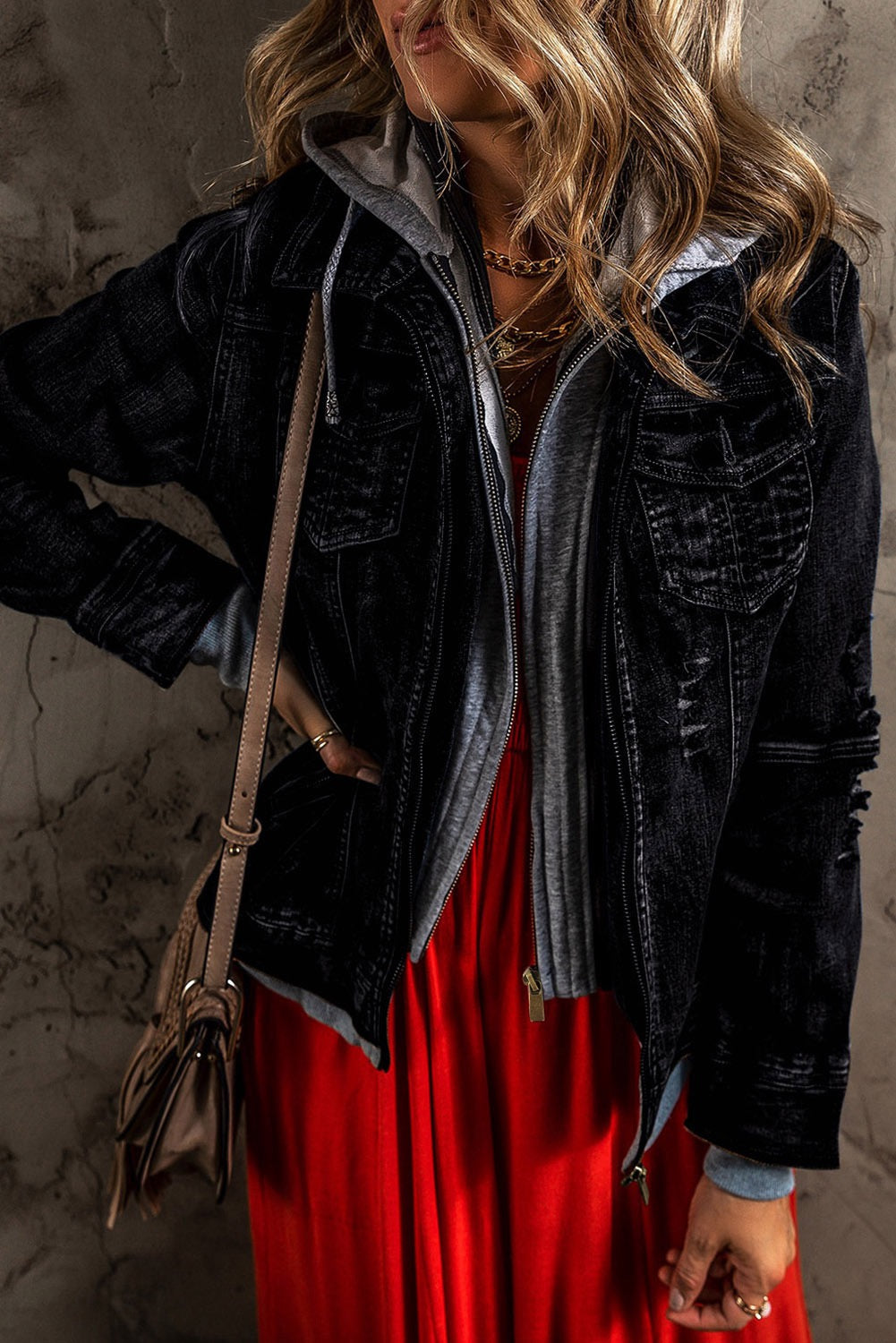 Black Faux Two Piece Hooded Zip Up Denim Jacket
