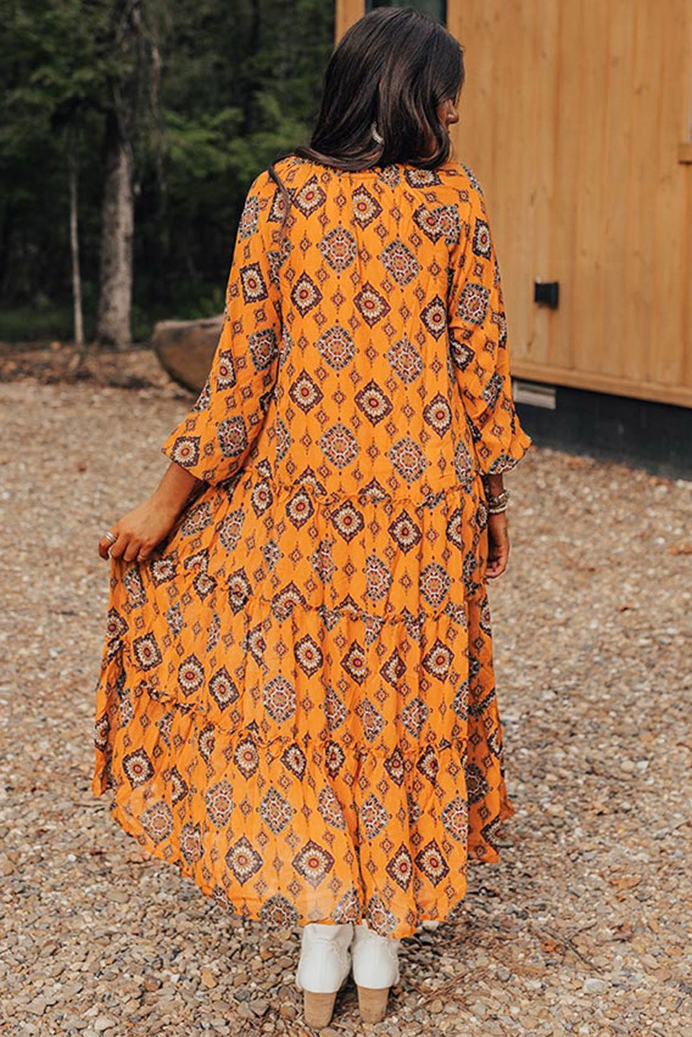 Orange Geometric Print Tiered Frilled Loose Fit Midi Dress