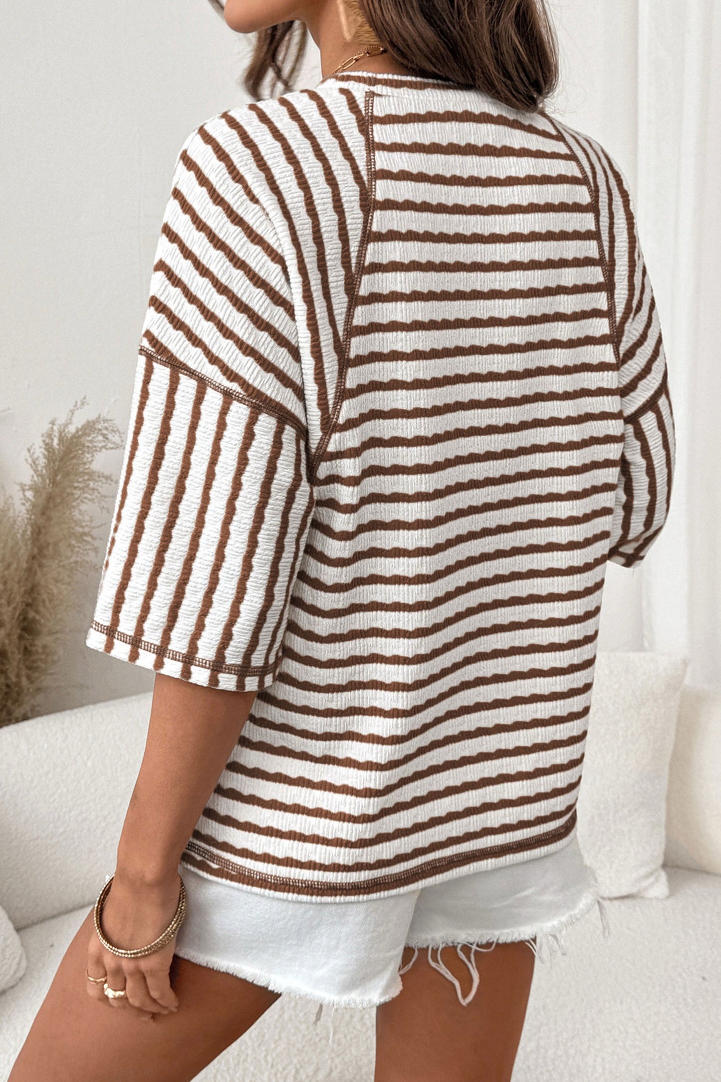 Brown Stripe Scallop Lace Trim Ruffle Short Sleeves Crewneck Top