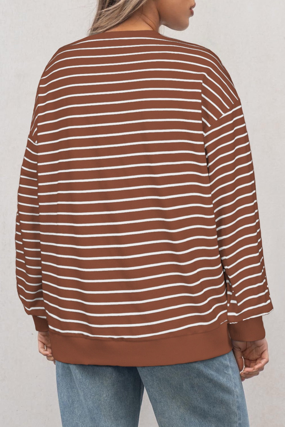 Coffee Striped Long Sleeve Round Neck Loose Fit Tee