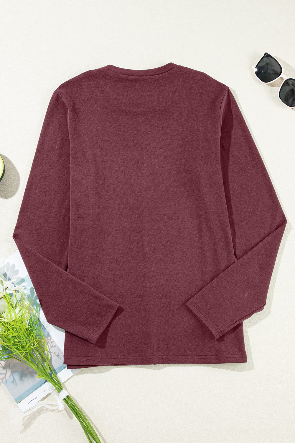 Maroon Solid Exposed Seam Crew Neck Long Sleeve Top