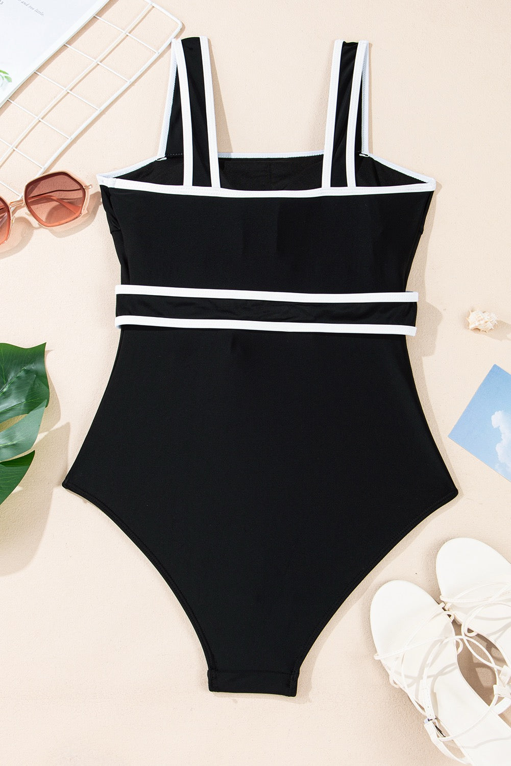 Black Contrast Belted One Piece