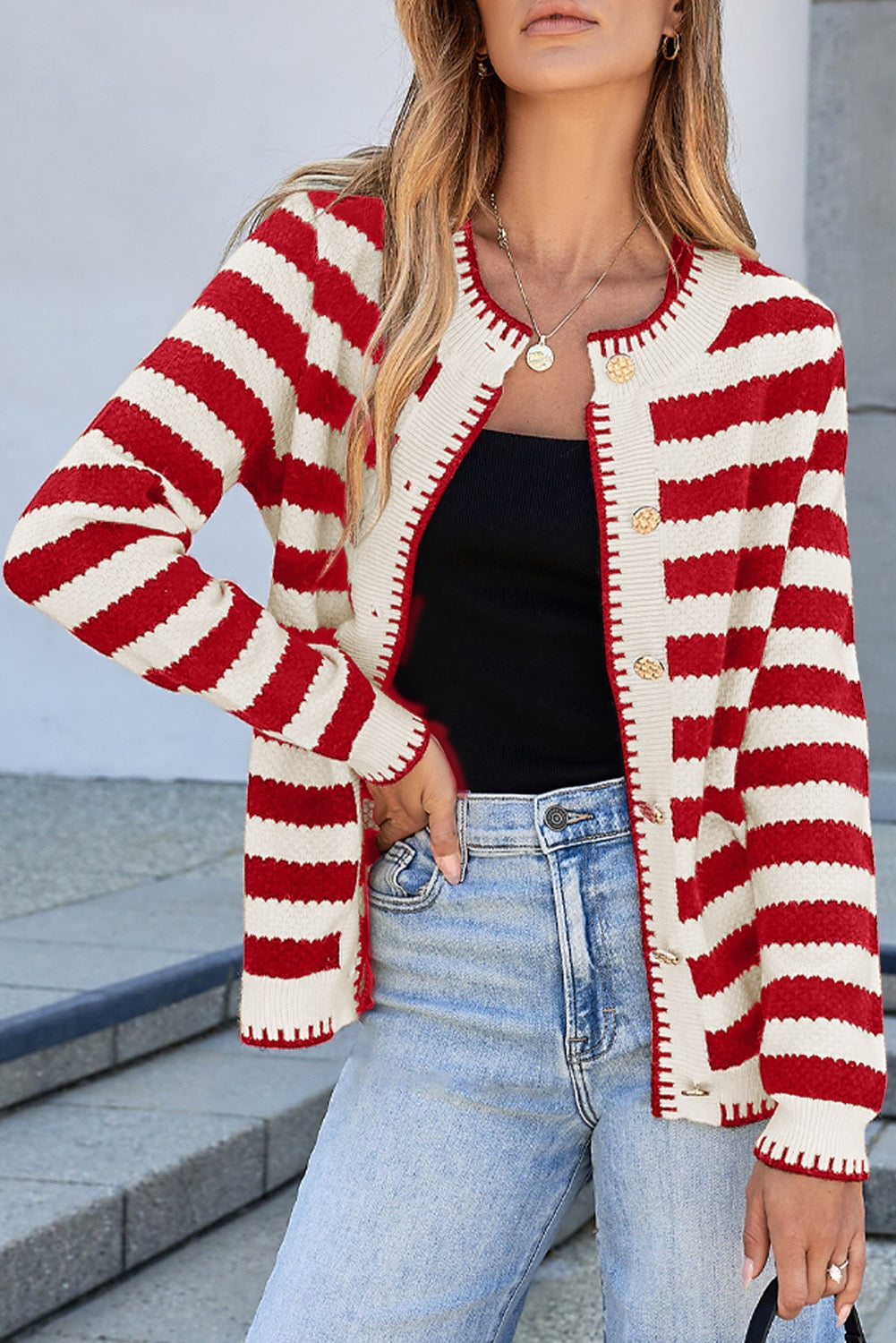 Red Stripe Chic Golden Button Cardigan