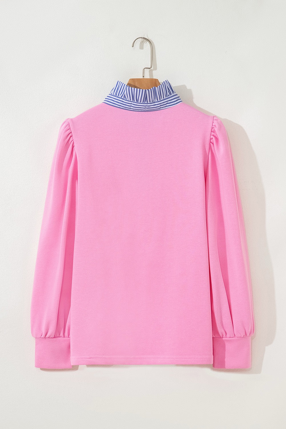 Pink Button Striped Collar Patchwork Puff Sleeve Sweatshirt