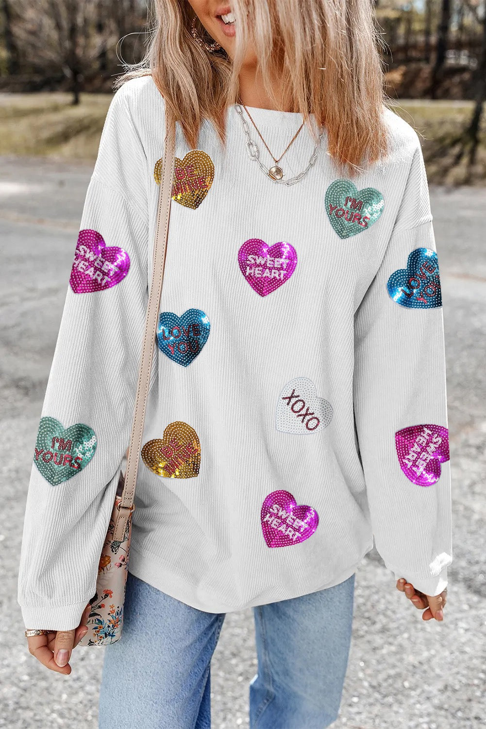 White Corded Sequin Hearts Sweatshirt