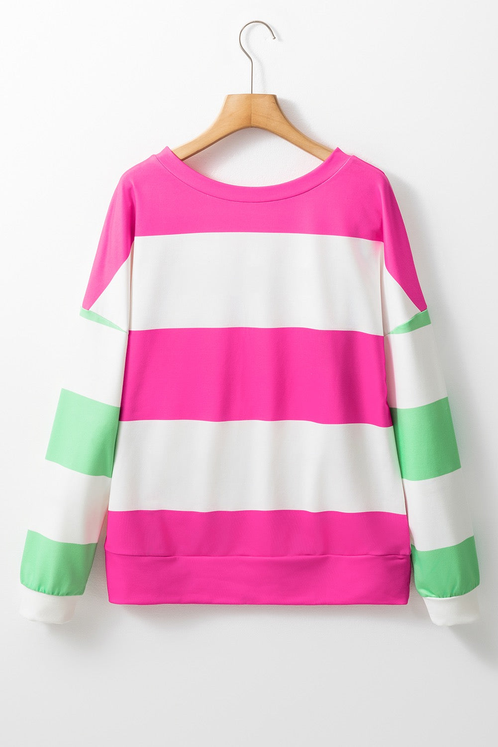 Hot Pink Colorblock Striped Drop Shoulder Long Sleeve Top