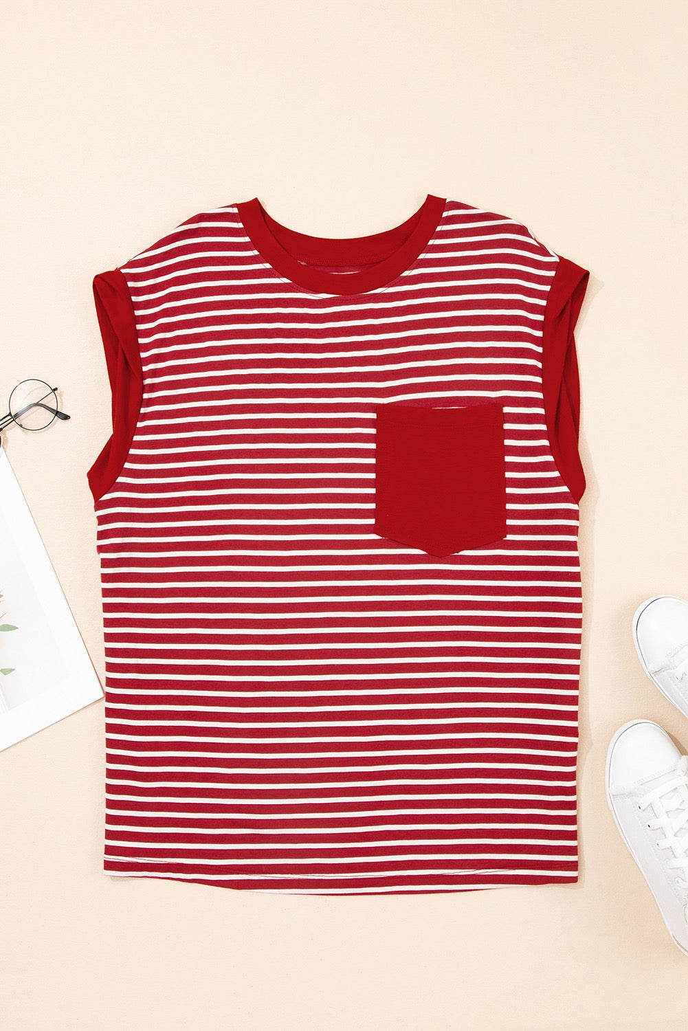 Red Stripe Chest Pocket Patch Round Neck Sleeveless Top