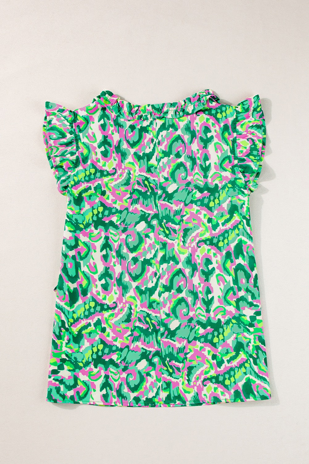 Green Abstract Print Ruffled Trim Tied Split Neck Blouse