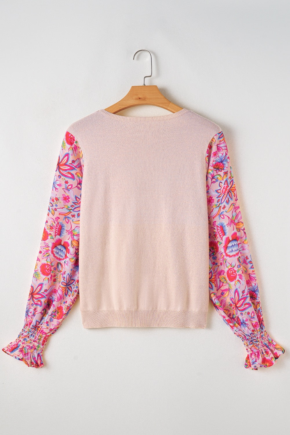 Apricot Knit Top with Floral Sleeves
