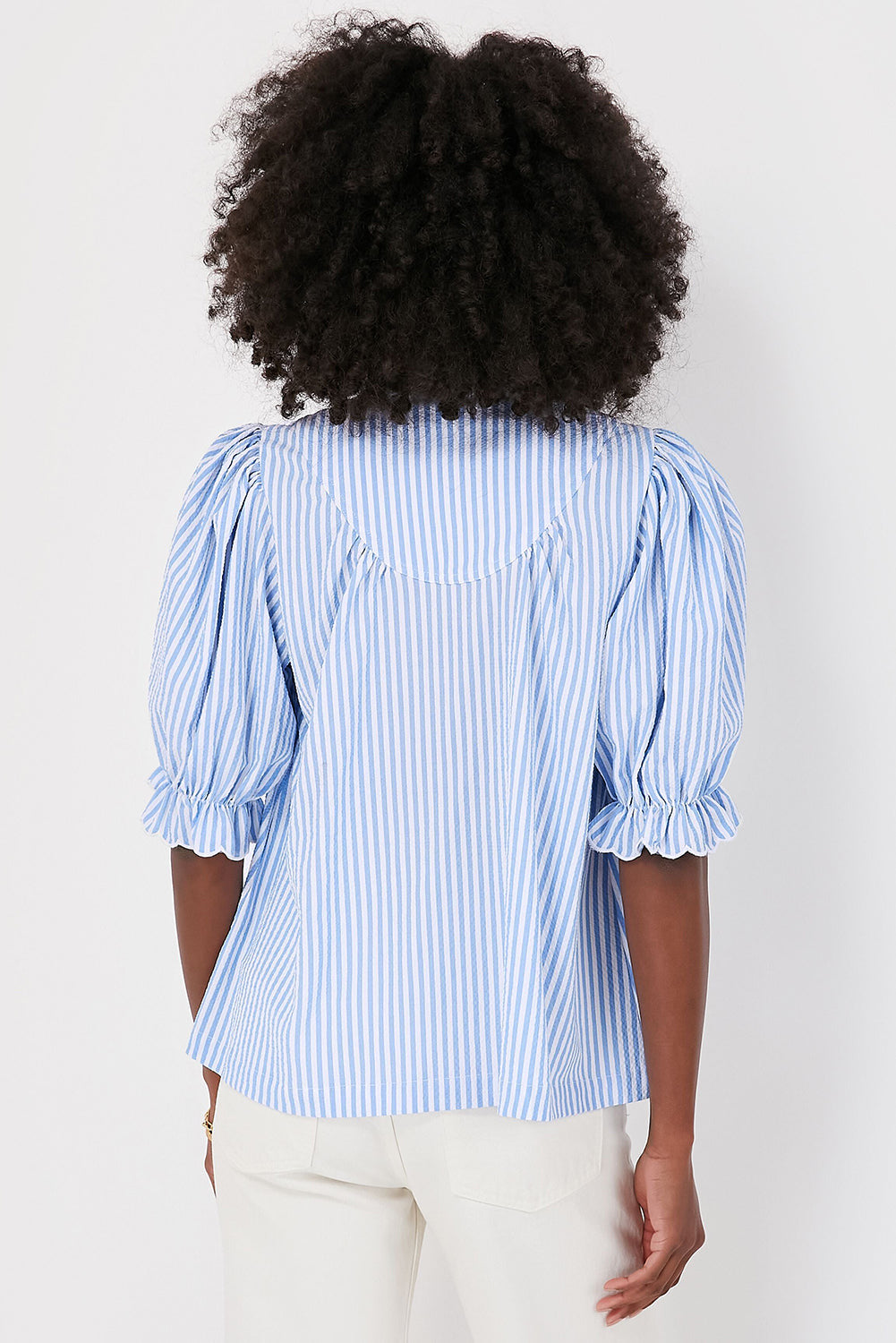 Sky Blue Striped Frill Neck Puff Sleeve Blouse