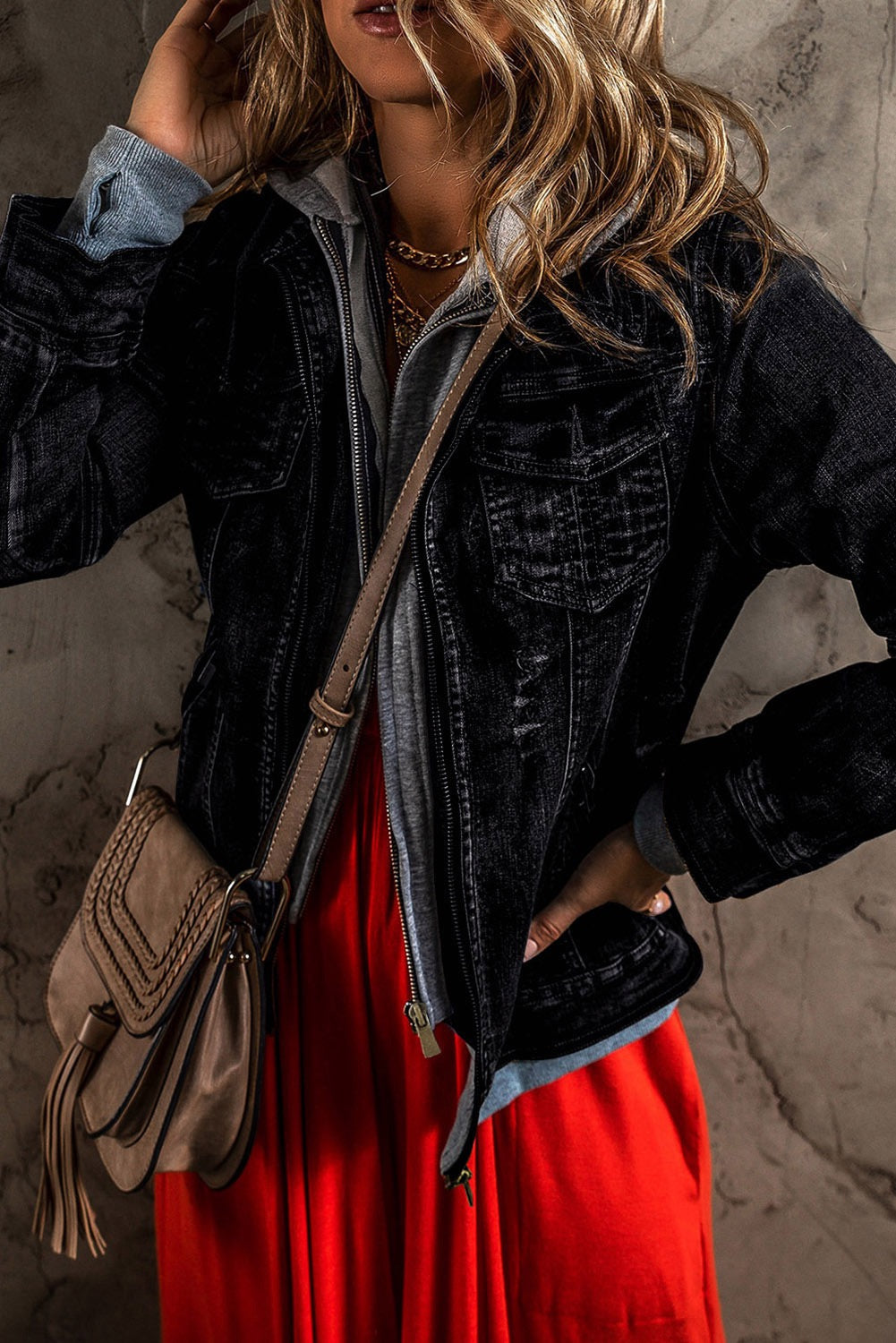 Black Faux Two Piece Hooded Zip Up Denim Jacket