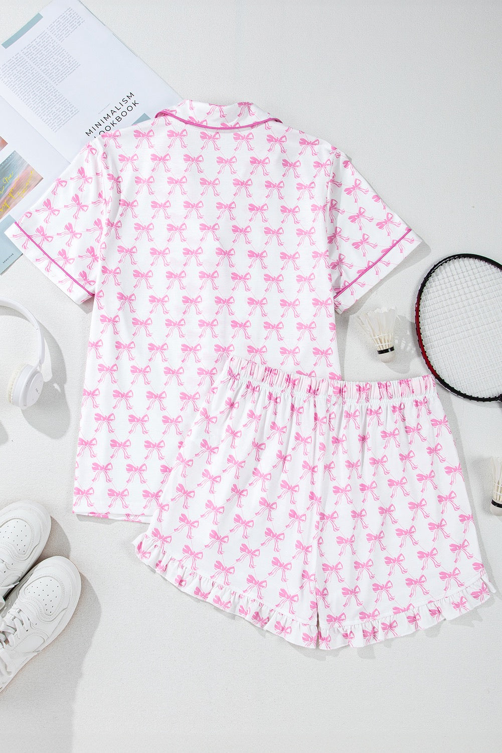 Pink Bow Ruffle Hem Short Set