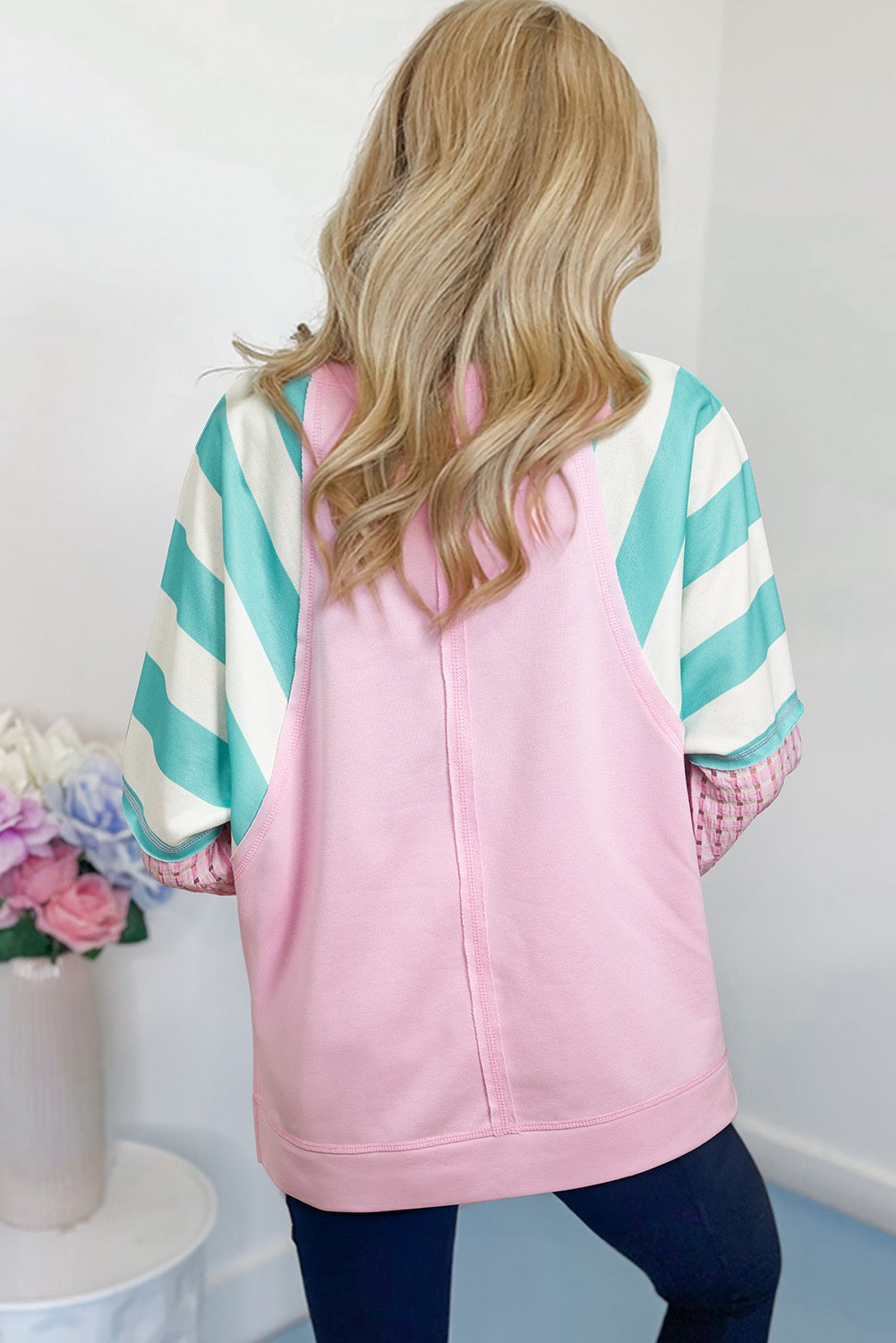 Pink Striped Patchwork Raglan Pullover Top with Slits