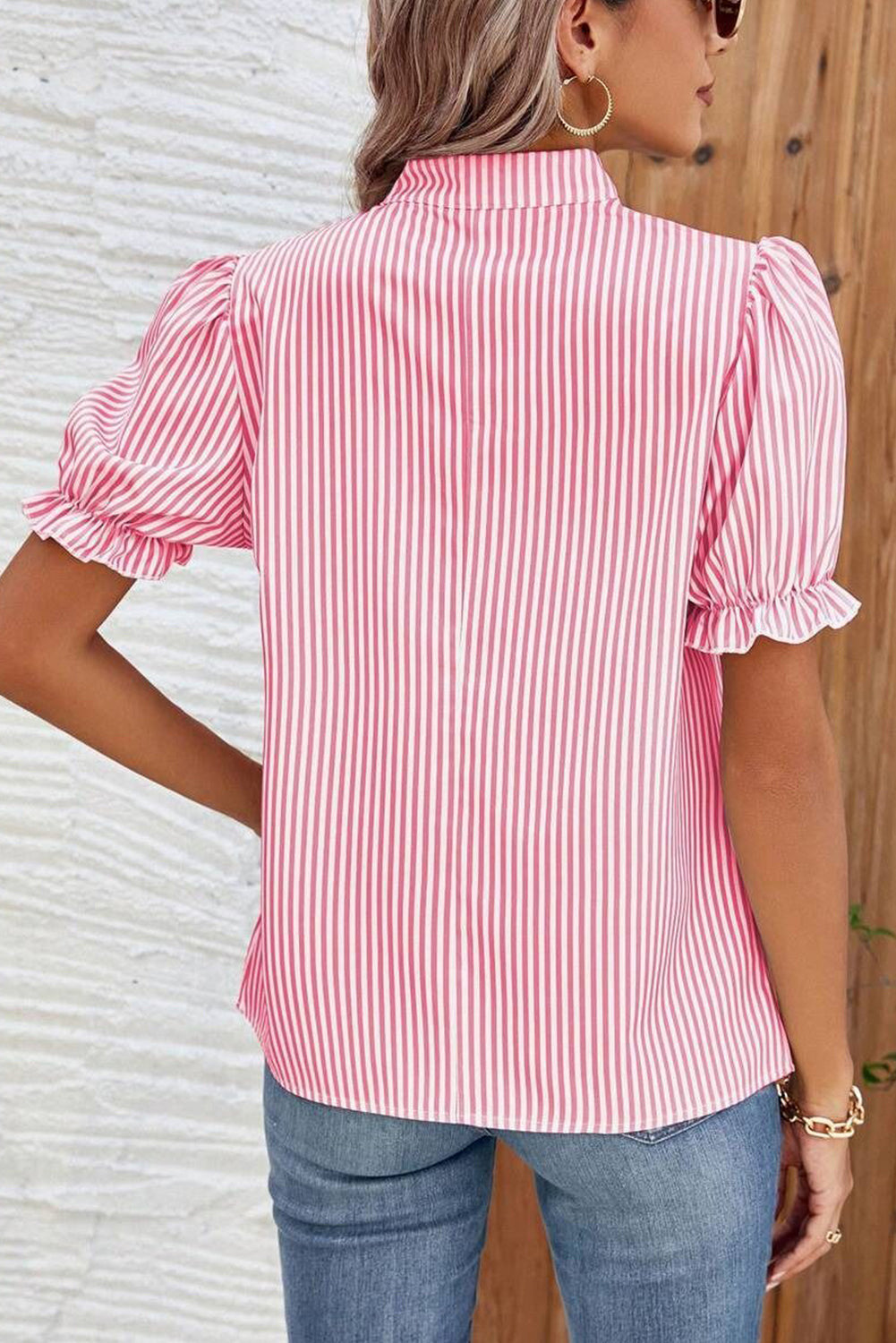 Pink Striped V Neck Puff Sleeve Blouse