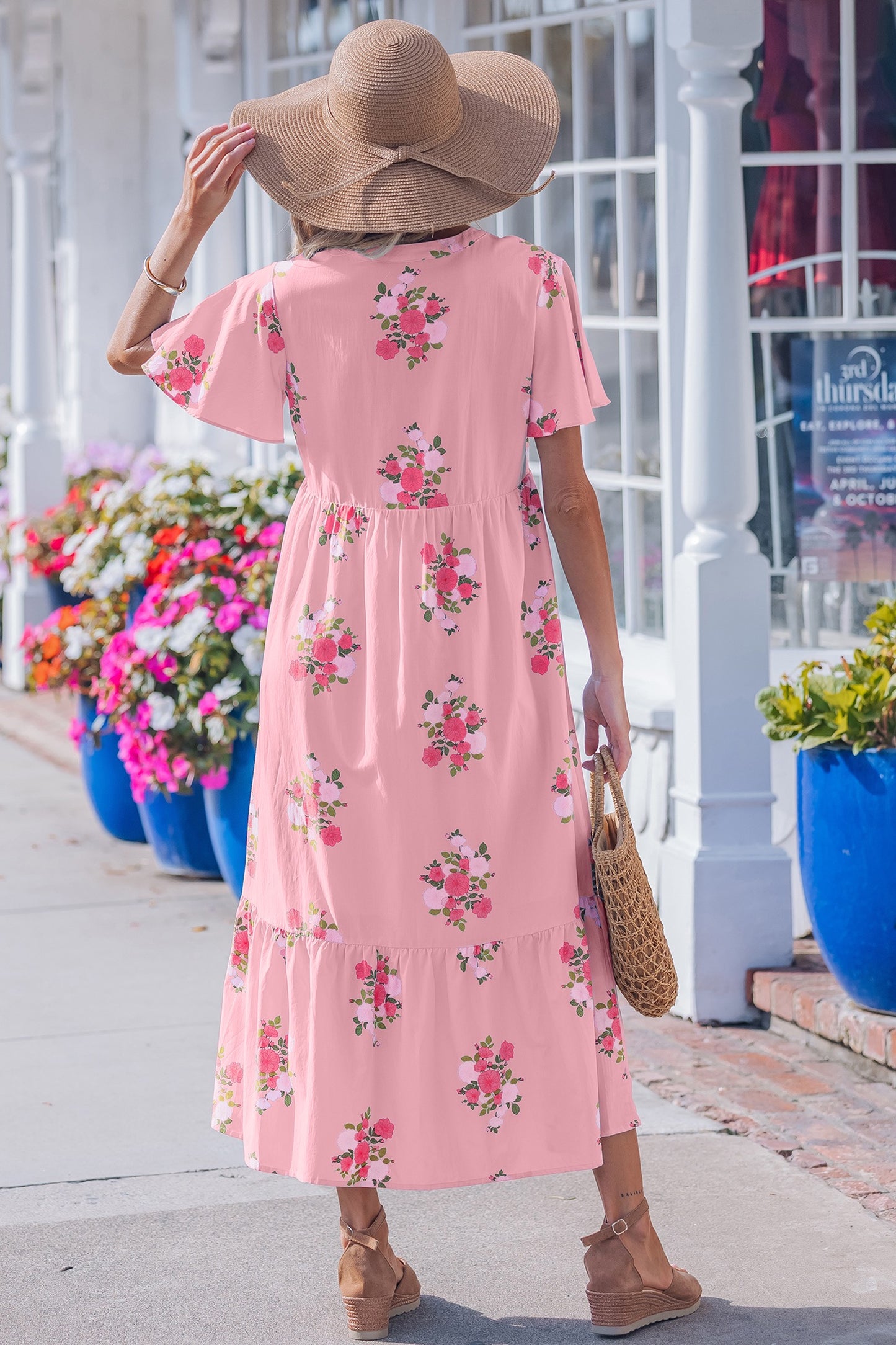 Pink Flutter Short Sleeve Floral Print Maxi